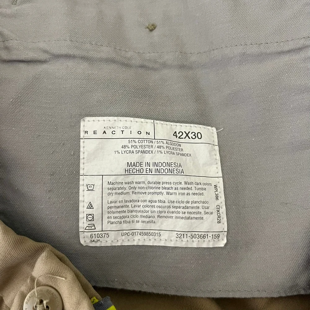 Kenneth Cole Reaction‎ Mens Khaki Tan Stretch Chino Pants 42x30 Solid